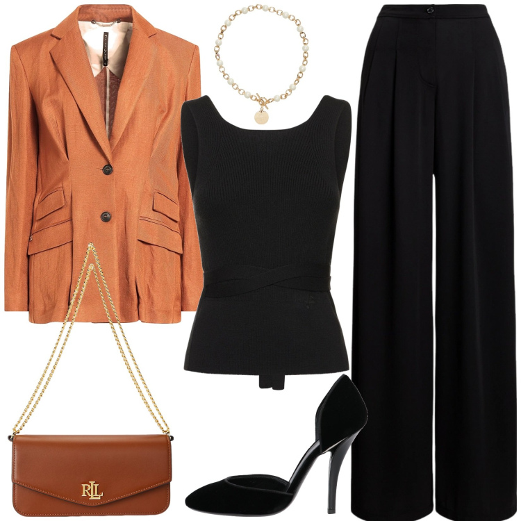 Outfit donna - La mia laurea. Stile Glamour per Cerimonia. Abbinamento con blazer, décolleté, collane, pantaloni, borse a spalla, top.