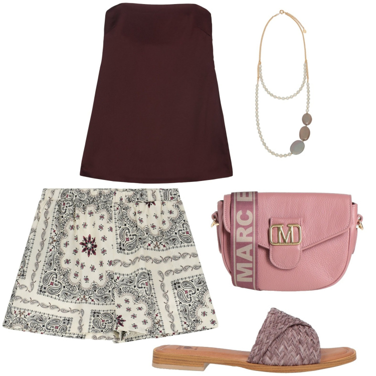 Outfit donna - Total look #2130390. Stile Vintage retrò per Tutti i giorni. Abbinamento con borse a tracolla, sandali in pelle, shorts, top, collane.