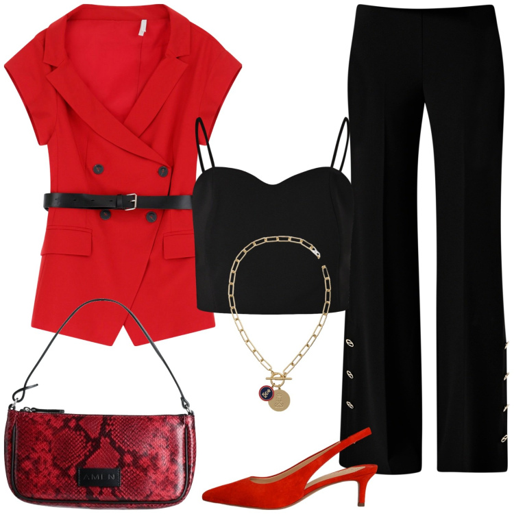 Outfit donna - Rosso passione. Stile Glamour per Serata fuori. Abbinamento con borse a mano, pantaloni a palazzo, top, blazer, décolleté, ciondoli.