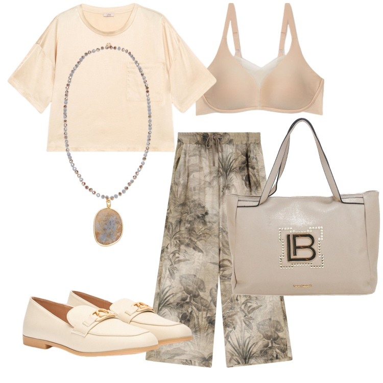 Outfit donna - Laura. Stile Trendy per Ufficio. Abbinamento con pantaloni, borse a spalla, ciondoli, reggiseni, bluse, mocassini.
