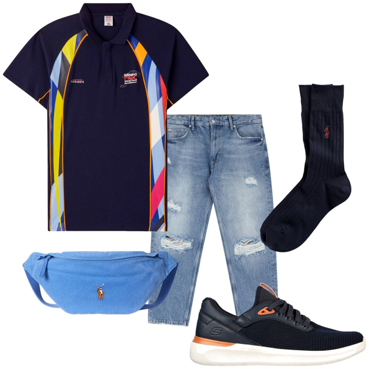 Outfit uomo - Misano. Stile Casual per Tutti i giorni. Abbinamento con polo, jeans strappati, calzini, borse sportive, sneakers.