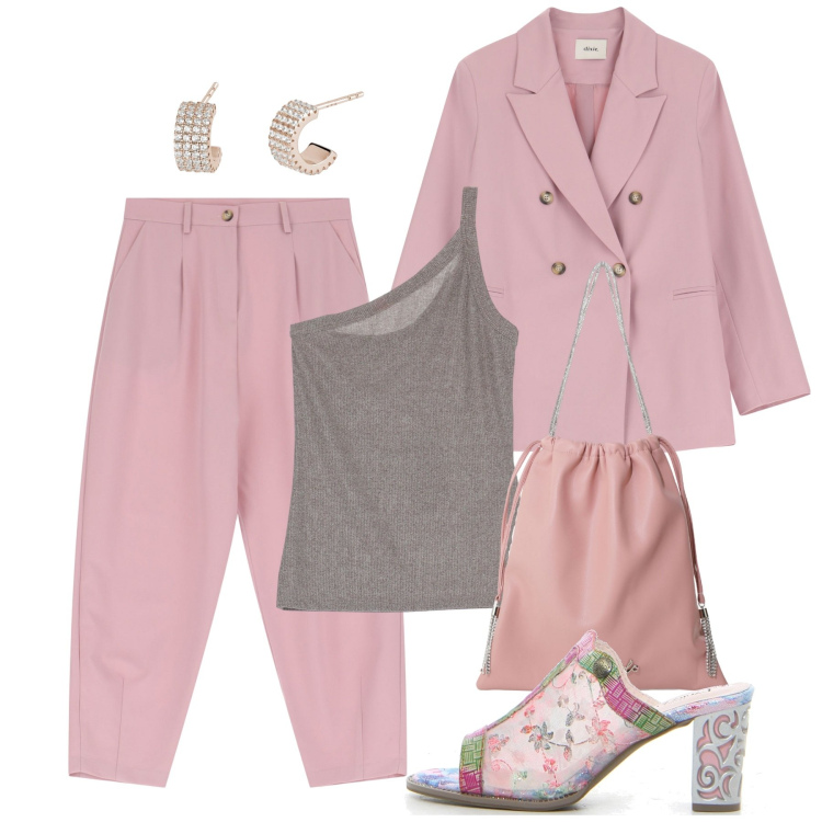 Outfit donna - L\'eleganza del tailleur - Focus Donna Cu. Stile Chic per Serata fuori. Abbinamento con orecchini, borse a secchiello, top, blazer, pantaloni, sabot.