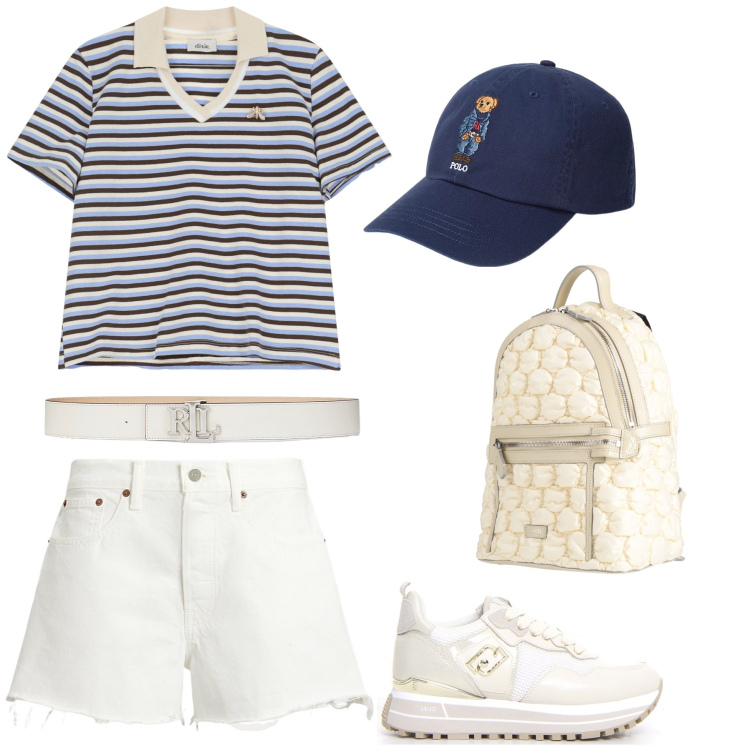 Outfit donna - Giornata in libertà. Stile Casual per Sport. Abbinamento con zaini, t-shirt, cappelli, shorts, cinture, sneakers.
