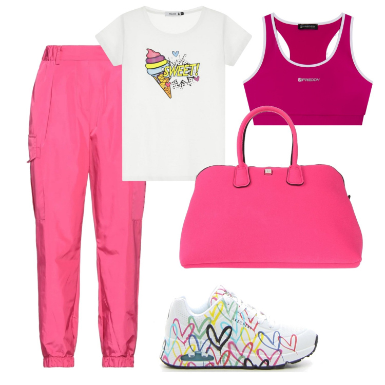 Outfit donna - Crazy Pink. Stile Casual per Tutti i giorni. Abbinamento con pantaloni cargo, borse a secchiello, t-shirt, reggiseni, sneakers.