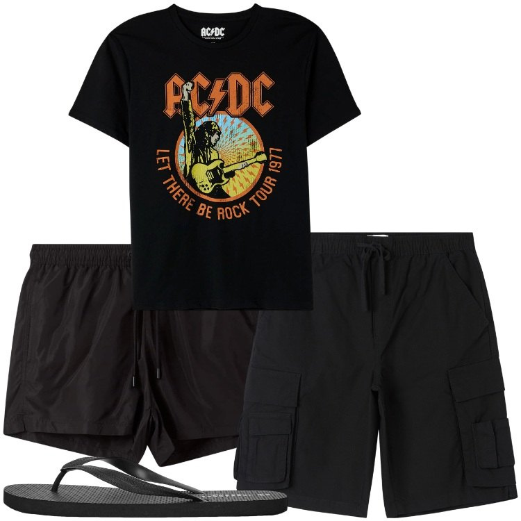 Outfit uomo - Metal al mare. Stile Biker Rock per Mare. Abbinamento con t-shirt, sandali, costumi, pantaloni corti.