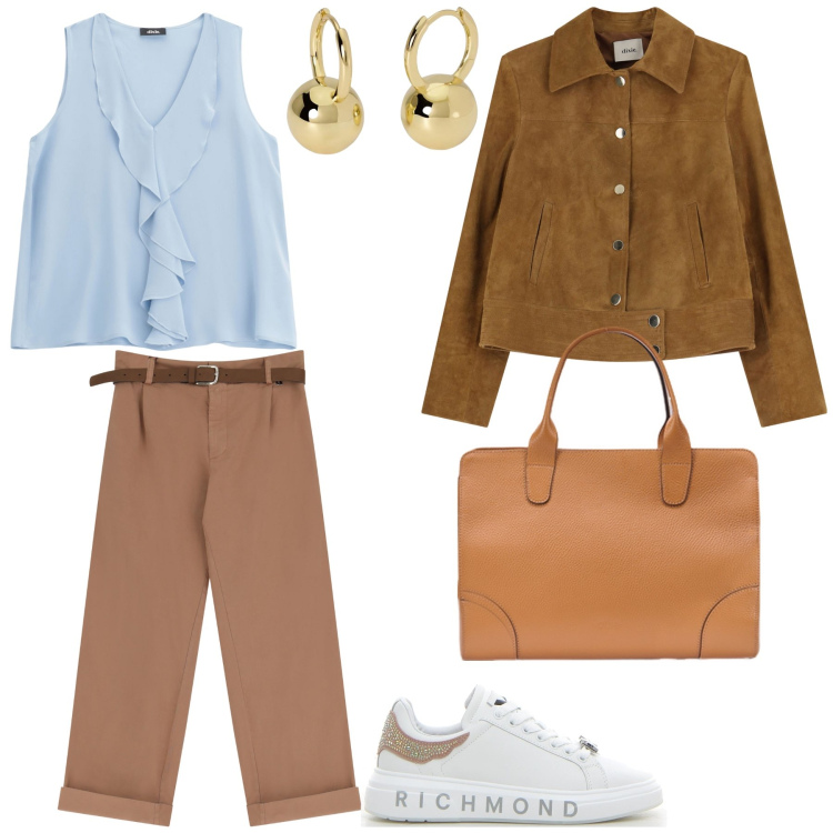 Outfit donna - Vado in ufficio. Stile Mannish per Ufficio. Abbinamento con orecchini, top, pantaloni chino, giacche, sneakers, borse tote.