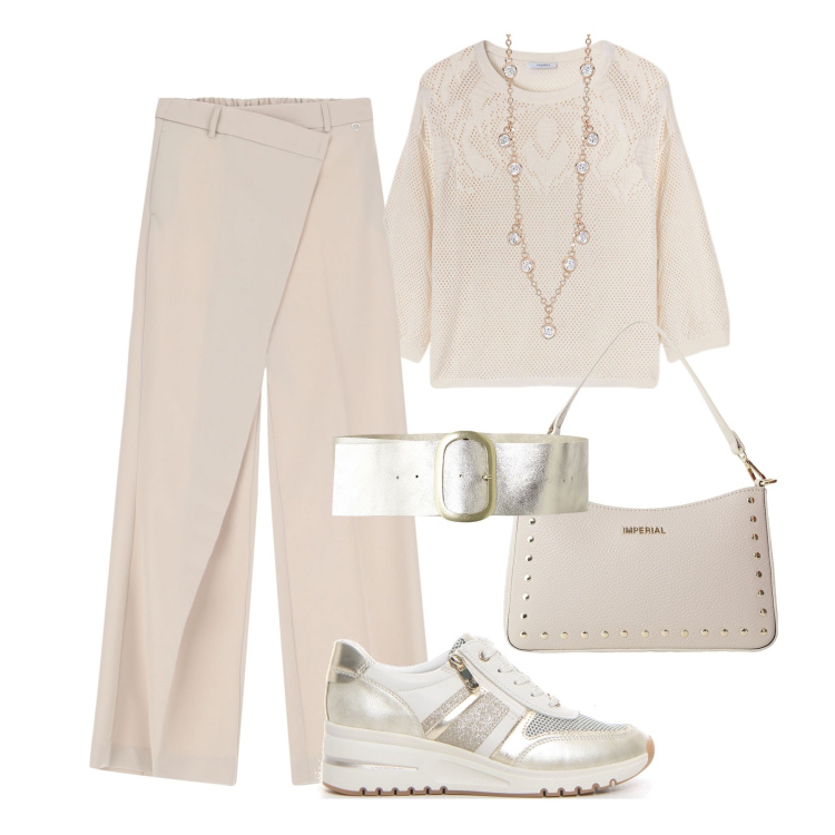 Outfit donna - Sneakers platino in ufficio. Stile Casual chic per Ufficio. Abbinamento con collane, pantaloni, borse a spalla, cinture, sneakers, maglieria.