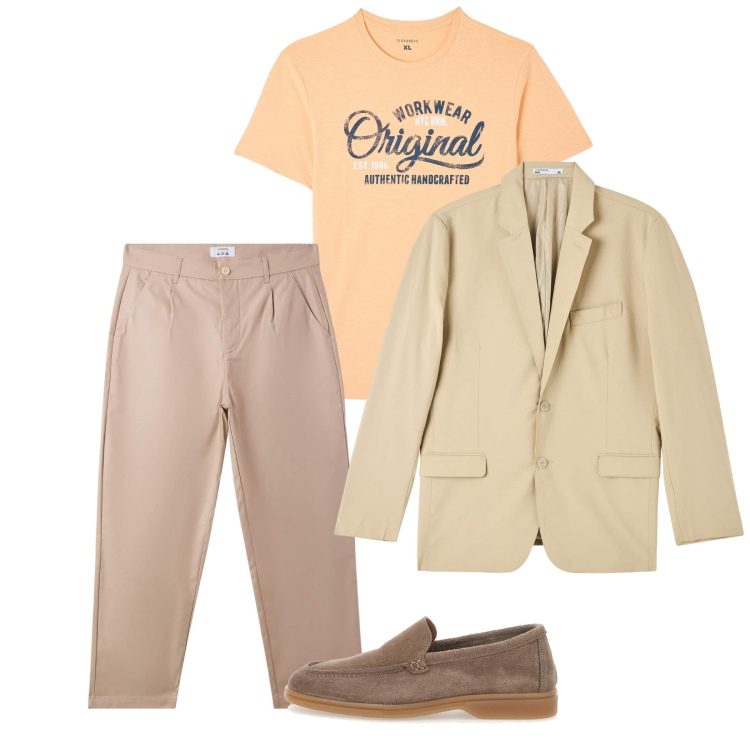 Outfit uomo - Maggio. Stile Casual per Tutti i giorni. Abbinamento con giacche, t-shirt, pantaloni chino, scarpe stringate.