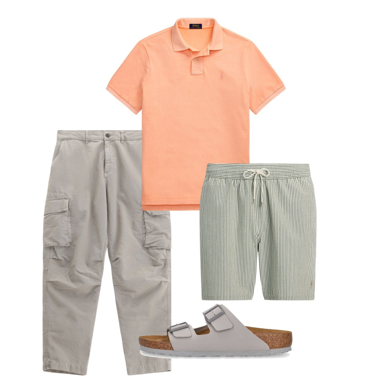 Outfit uomo - Un salto in spiaggia. Stile Casual per Mare. Abbinamento con pantaloni cargo, costumi, polo, sandali.