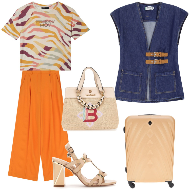 Outfit donna - Viaggio di piacere. Stile Casual chic per Tutti i giorni. Abbinamento con gilet, t-shirt, pantaloni, sandali col tacco, borse a mano, valigie.