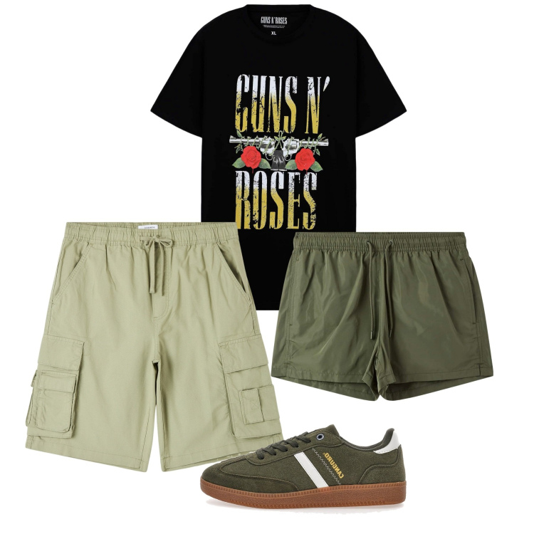 Outfit uomo - Al mare. Stile Casual per Mare. Abbinamento con costumi, pantaloni corti, t-shirt, sneakers.
