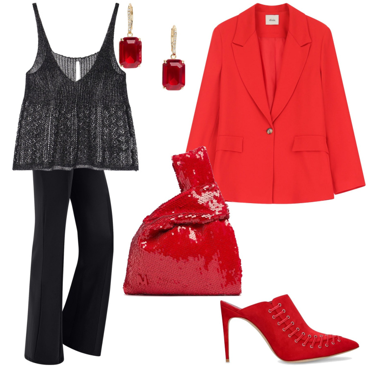 Outfit donna - Rosso di sera. Stile Rock per Serata fuori. Abbinamento con top, pantaloni, blazer, orecchini, pochette, pantofole.