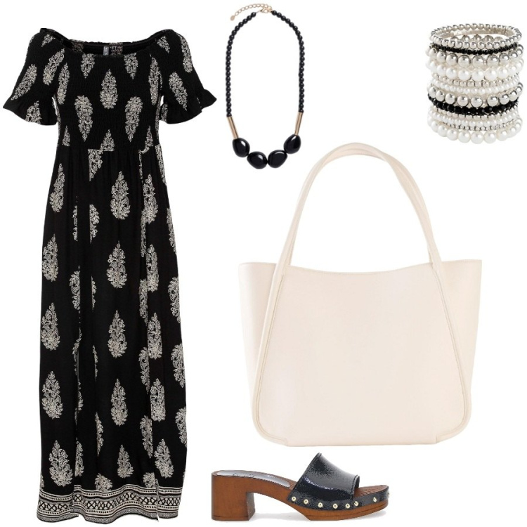 Outfit donna - Abito lungo. Stile Etnico per Tutti i giorni. Abbinamento con braccialetti, vestiti, shopping bag, zoccoli, collane.