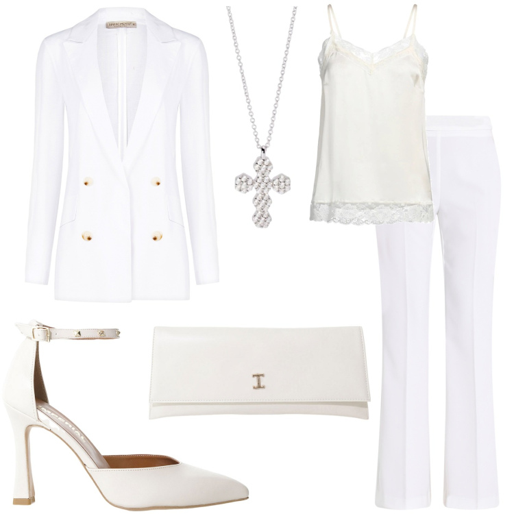 Outfit donna - Total White. Stile Glamour per Serata fuori. Abbinamento con top, ciondoli, pantaloni, blazer, décolleté, pochette.