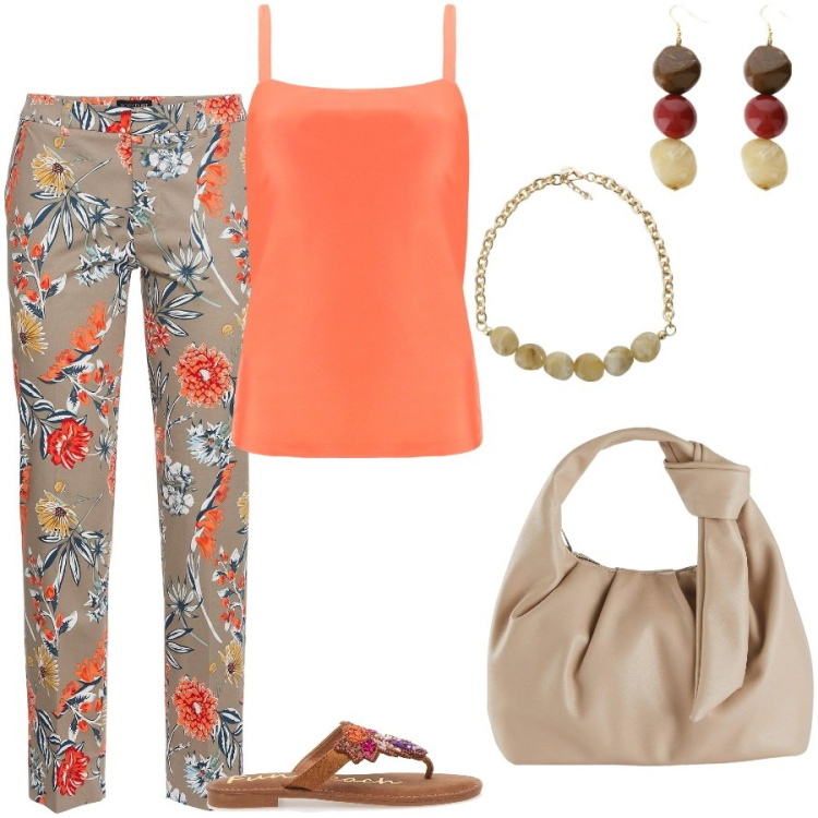 Outfit donna - Per il pomeriggio. Stile Casual chic per Tutti i giorni. Abbinamento con borse a mano, pantaloni, canottiere, orecchini, collane, infradito.
