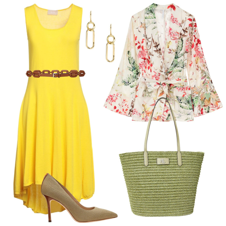 Outfit donna - Shopping a colori. Stile Casual chic per Tutti i giorni. Abbinamento con vestiti midi/longuette, blazer, orecchini, cinture, décolleté, borse tote.
