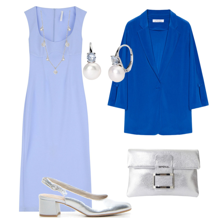 Outfit donna - Festa della mamma in azzurro. Stile Bon Ton per Cerimonia. Abbinamento con orecchini, collane, vestiti midi/longuette, pochette, décolleté, blazer.