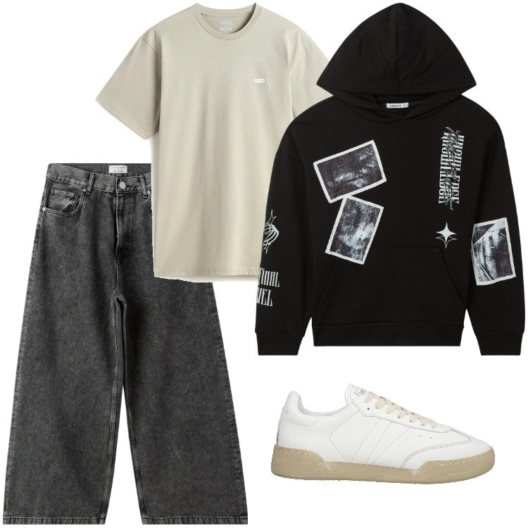 Outfit uomo - Total look #2130445. Stile Urban per Tutti i giorni. Abbinamento con sneakers, jeans, felpe con cappuccio, t-shirt.