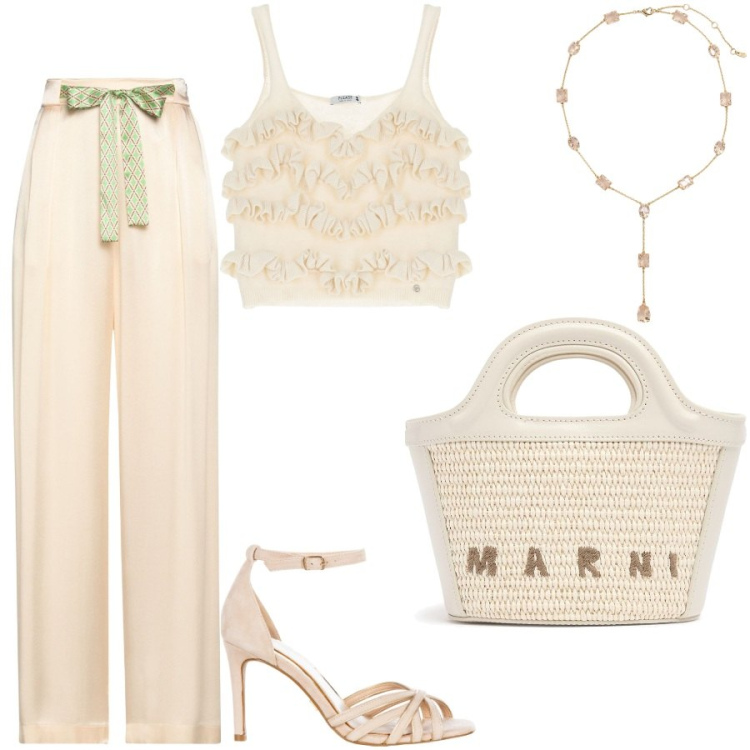 Outfit donna - Il pantalone con dettaglio. Stile Chic per Serata fuori. Abbinamento con pantaloni, sandali col tacco, top, collane, borse a mano.