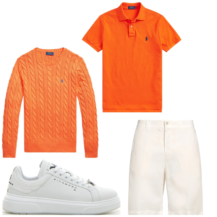 Outfit uomo - Aranciami. Stile Casual per Tutti i giorni. Abbinamento con shorts, polo, maglieria, sneakers.