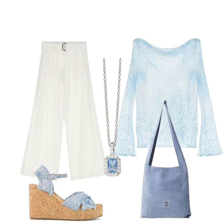 Outfit donna - Color cielo impalpabile. Stile Romantica per Serata fuori. Abbinamento con ciondoli, maglieria, borse a tracolla, pantaloni, zeppe.