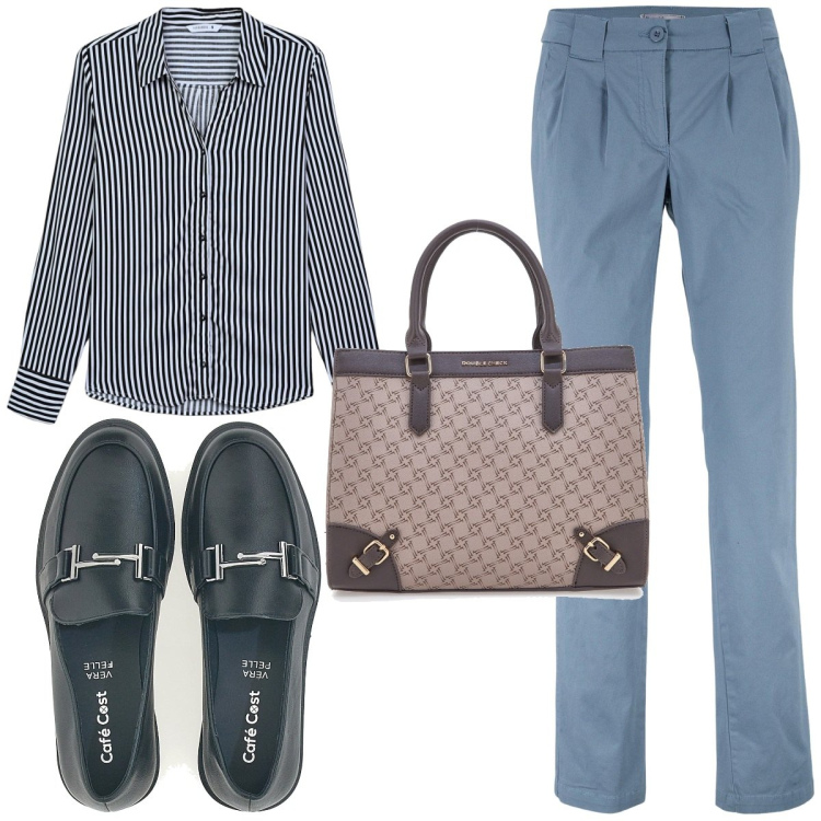 Outfit donna - Total look #2130459. Stile Mannish per Ufficio. Abbinamento con pantaloni chino, camicie, mocassini, borse a tracolla.