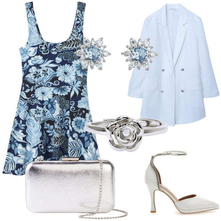 Outfit donna - Cerimonia a fiori. Stile Romantica per Cerimonia. Abbinamento con pochette, blazer, vestiti corti, orecchini, anelli, décolleté.