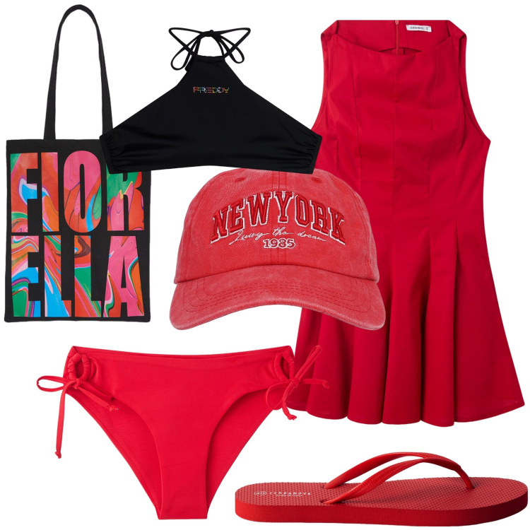Outfit donna - Total look for the beach. Stile Glamour per Mare. Abbinamento con cappelli, infradito, bikini, vestiti corti, bikini, borse tote.