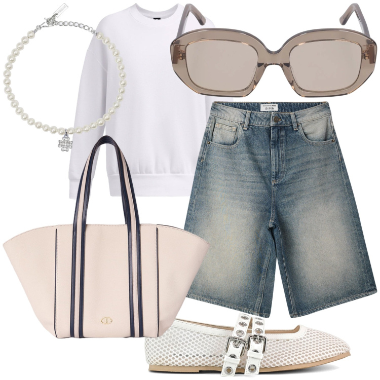Outfit donna - Passeggiata di prima mattina. Stile Sporty chic per Tutti i giorni. Abbinamento con bermuda, braccialetti con ciondoli, felpe, ballerine, occhiali da sole, shopping bag.