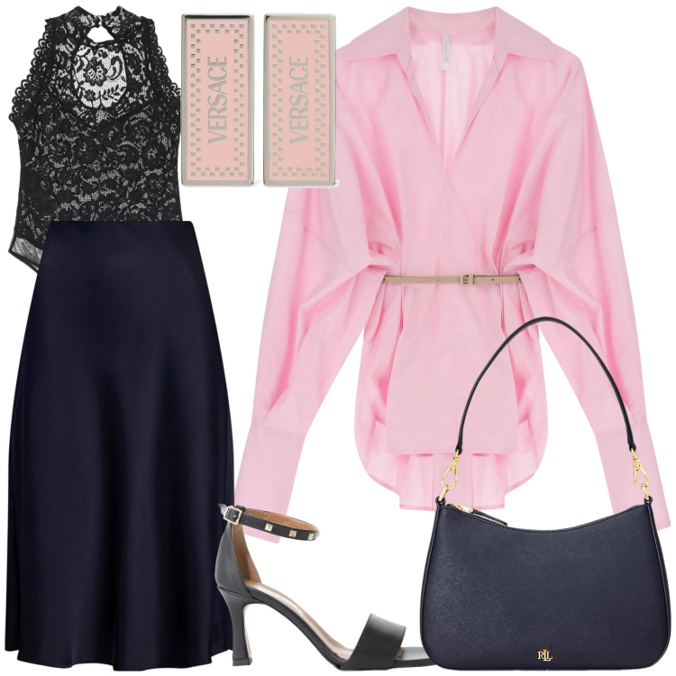 Outfit donna - Serata. Stile Glamour per Serata fuori. Abbinamento con body, camicie, sandali col tacco, gonne, borse a spalla, orecchini.