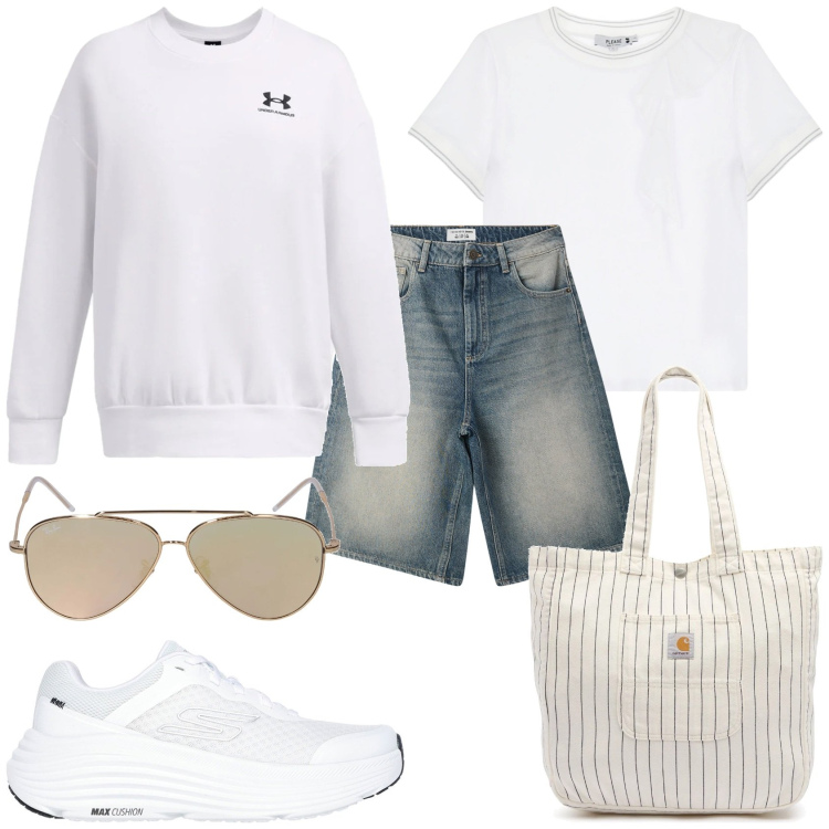 Outfit donna - Giornata fuori casa. Stile Casual per Tutti i giorni. Abbinamento con bermuda, t-shirt, felpe, sneakers, borse tote, occhiali da sole.