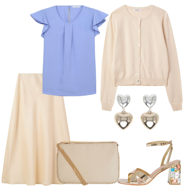 Outfit donna - Cuoricini. Stile Romantica per Serata fuori. Abbinamento con borse a tracolla, gonne lunghe, orecchini, bluse, cardigans, sandali gioiello.