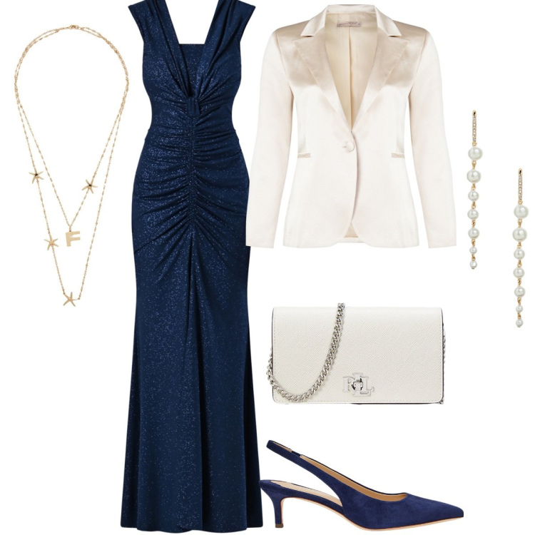 Outfit donna - Abito microglitter blu e giacca in raso. Stile Glamour per Cerimonia. Abbinamento con collane, décolleté, orecchini, borse a tracolla, vestiti lunghi, blazer.