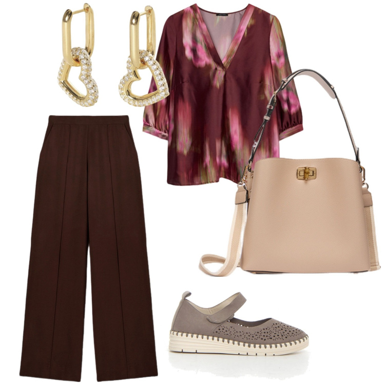 Outfit donna - Nuove scarpe comode. per Scuola/Università. Abbinamento con orecchini, bluse, borse a secchiello, ballerine, pantaloni a palazzo.