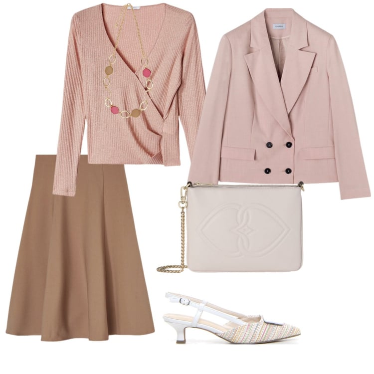 Outfit donna - New shop. per Ufficio. Abbinamento con décolleté, collane, maglieria, gonne longuette, pochette, blazer.