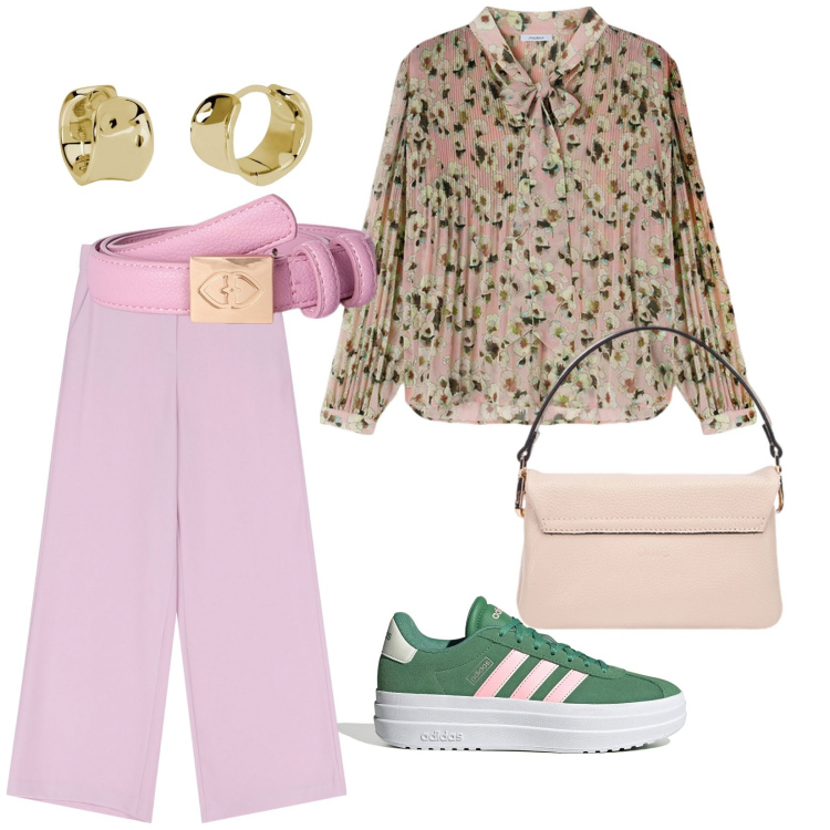 Outfit donna - New shop. per Tutti i giorni. Abbinamento con orecchini, pantaloni a palazzo, sneakers, borse a tracolla, bluse, cinture.