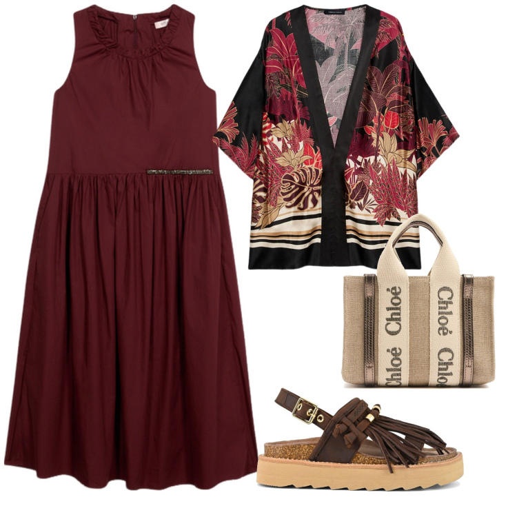 Outfit donna - Estate. per Tutti i giorni. Abbinamento con sandali, kimono, vestiti midi/longuette, borse a mano.