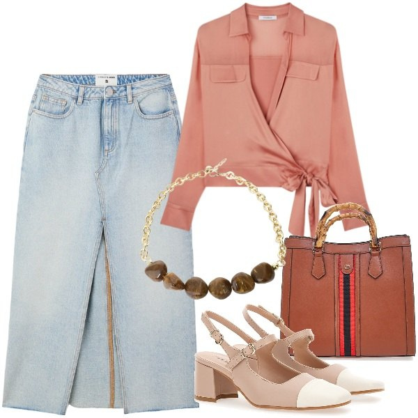 Outfit donna - Gonna jeans in città. Stile Casual chic per Ufficio. Abbinamento con gonne lunghe, collane, borse a tracolla, décolleté, camicie.