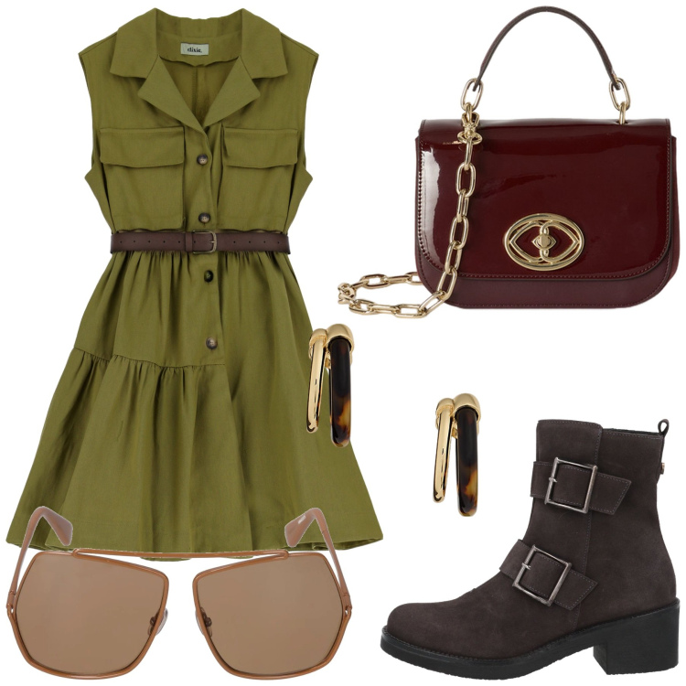 Outfit donna - Total look #2130527. Stile Military per Tutti i giorni. look ideale per Petite. Abbinamento con stivaletti, vestiti corti, orecchini, borse a tracolla, occhiali da sole.