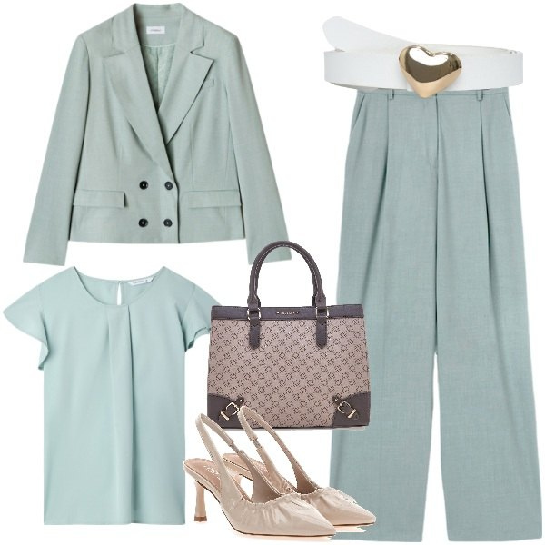 Outfit donna - In tailleur a maggio. Stile Bon Ton per Ufficio. Abbinamento con cinture, bluse, décolleté, borse a tracolla, blazer, pantaloni a palazzo.