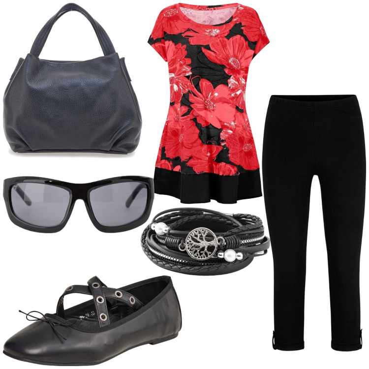 Outfit donna - Un caffè con le amiche. Stile Casual per Tutti i giorni. Abbinamento con leggings, braccialetti, maglieria, ballerine, occhiali da sole, borse a spalla.