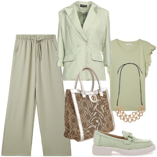 Outfit donna - Combinazione verde salvia. Stile Casual chic per Ufficio. Abbinamento con blazer, pantaloni, t-shirt, mocassini, collane, borse a spalla.