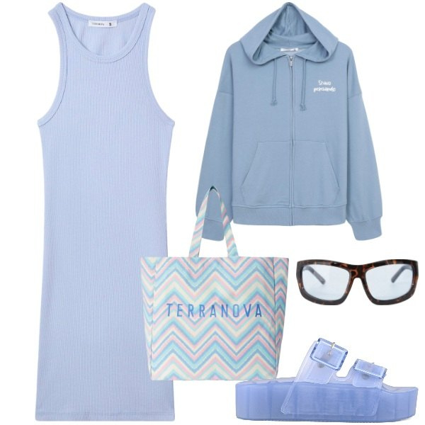 Outfit donna - AL mare a maggio. Stile Basic per Mare. Abbinamento con vestiti corti, felpe con cappuccio, borse tote, occhiali da sole, sandali.