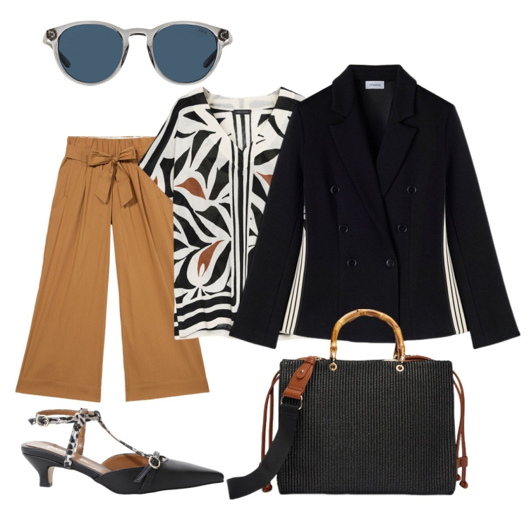 Outfit donna - In città. Stile Chic per Tutti i giorni. Abbinamento con décolleté, occhiali da sole, bluse, pantaloni a palazzo, borse a mano, blazer.