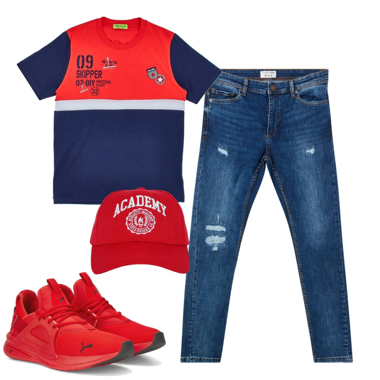 Outfit uomo - Total look #2130546. Stile Casual per Tutti i giorni. Abbinamento con cappelli, jeans strappati, sneakers, t-shirt.