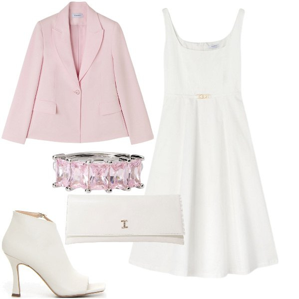 Outfit donna - Total look #2130548. Stile Bon Ton per Cerimonia. Abbinamento con anelli, pochette, sandali col tacco, blazer, vestiti midi/longuette.