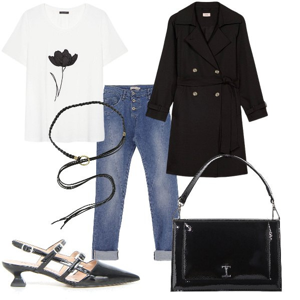 Outfit donna - Total look #2130550. Stile Casual chic per Tutti i giorni. Abbinamento con jeans slim fit, borse a tracolla, cinture, décolleté, t-shirt, trench.