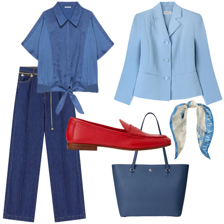Outfit donna - Contrasti di primavera. Stile Casual chic per Ufficio. Abbinamento con jeans, borse tote, mocassini, foulard, camicie, blazer.