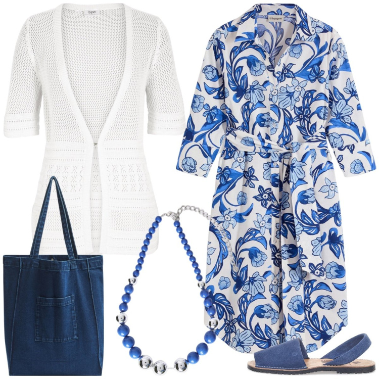 Outfit donna - Tempo d’estate. Stile Casual per Tutti i giorni. Abbinamento con vestiti chemisier, cardigans, shopping bag, sandali, collane.