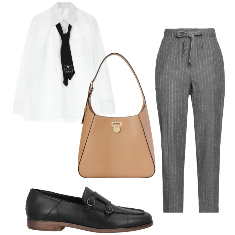 Outfit donna - Total look #2130569. Stile Mannish per Ufficio. Abbinamento con pantaloni, mocassini, camicie, borse a spalla.
